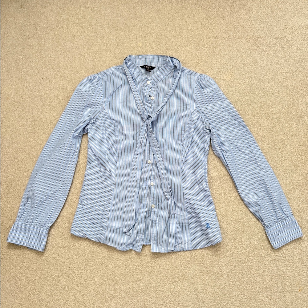 Light Blue Striped Tie-Neck Blouse - Women's
